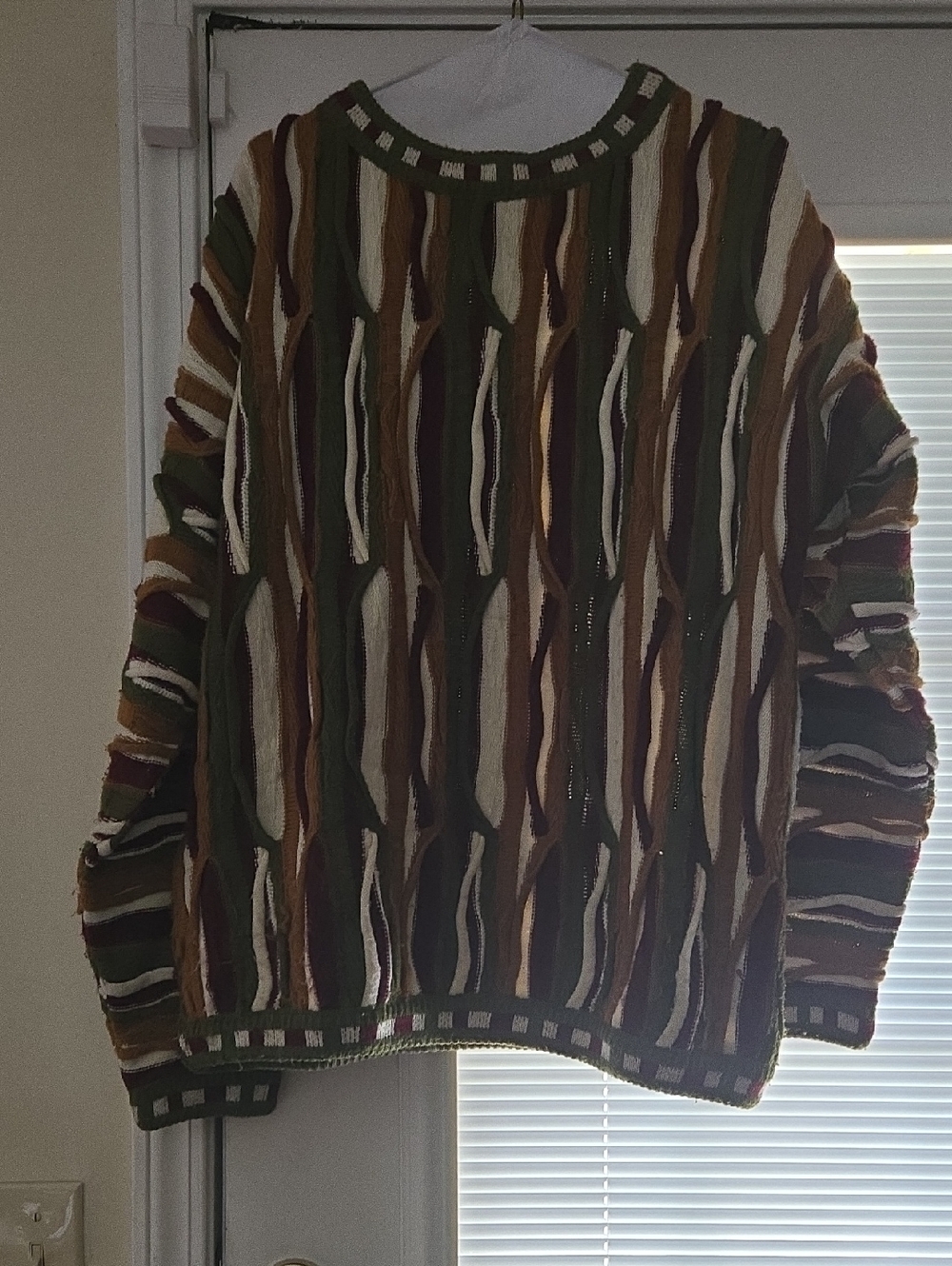 Textured Multicolor Wave Knit Sweater - Olive, Cream & Brown